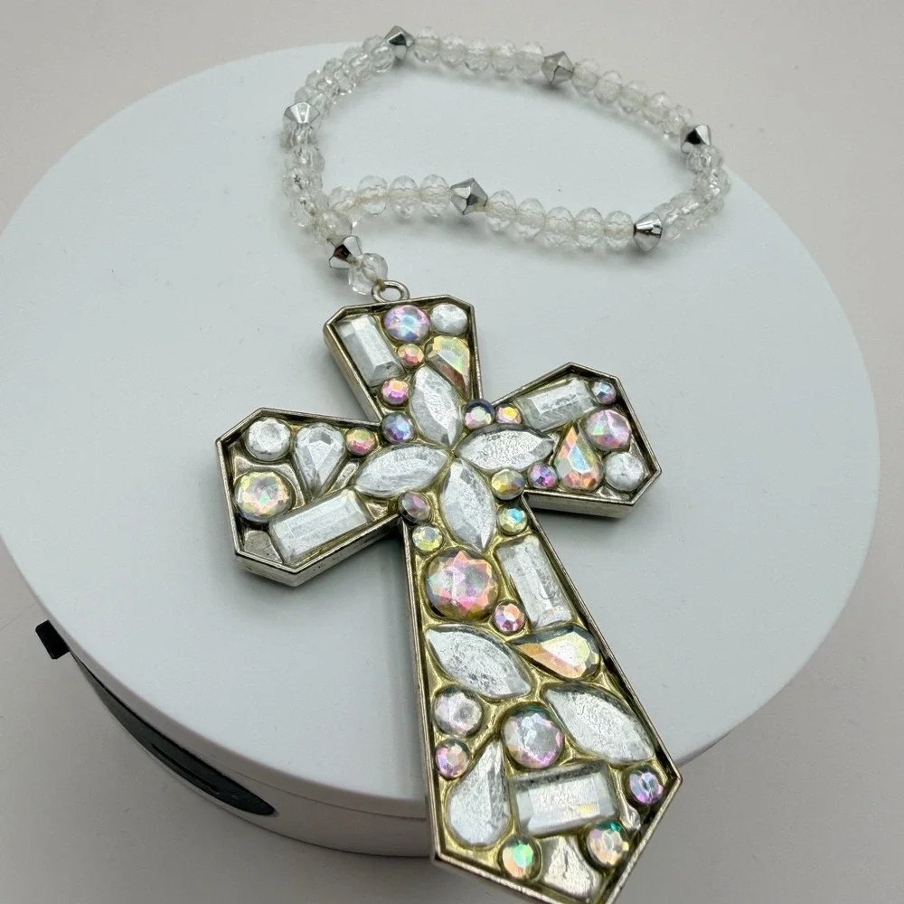 Vintage Silver Tone Beaded Cross Charm Bracelet Rhinestone Crystal‎ AB Statement